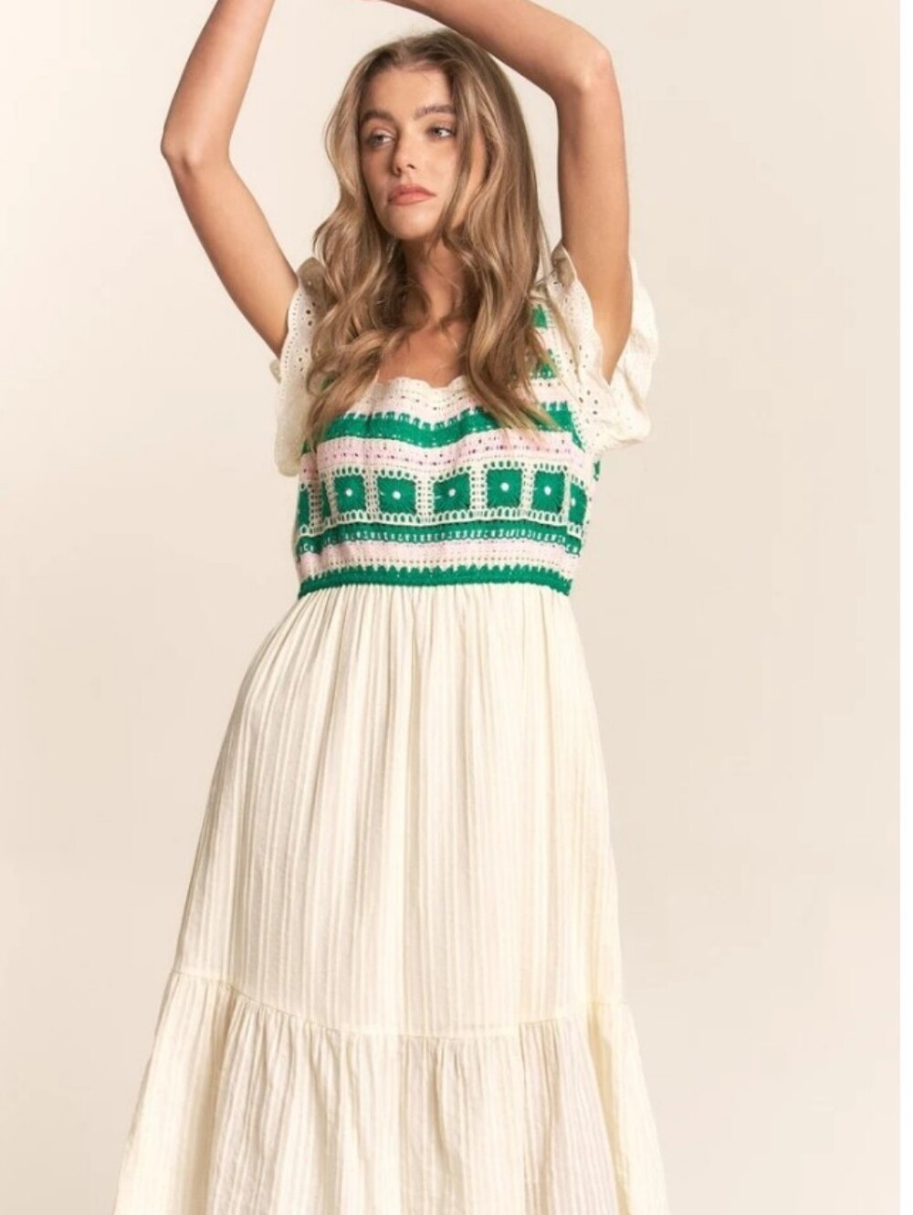 Occult Tovi Cotton Maxi Dress Granny Square Knit With Eyelet Detail White Boho